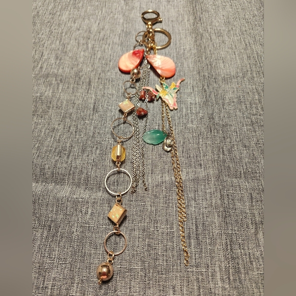 Purse Charm Kechain Handmade Vintage & New Materials Boho Coral/Aqua - Picture 2 of 8